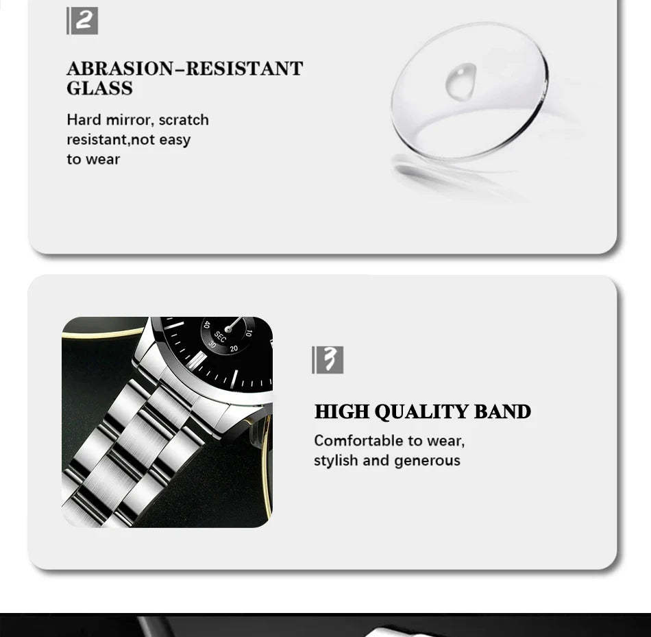 Conjunto Masculino 3 Peças – Relógio de Aço Inoxidável + Pulseira + Colar (Estilo Luxo Casual)