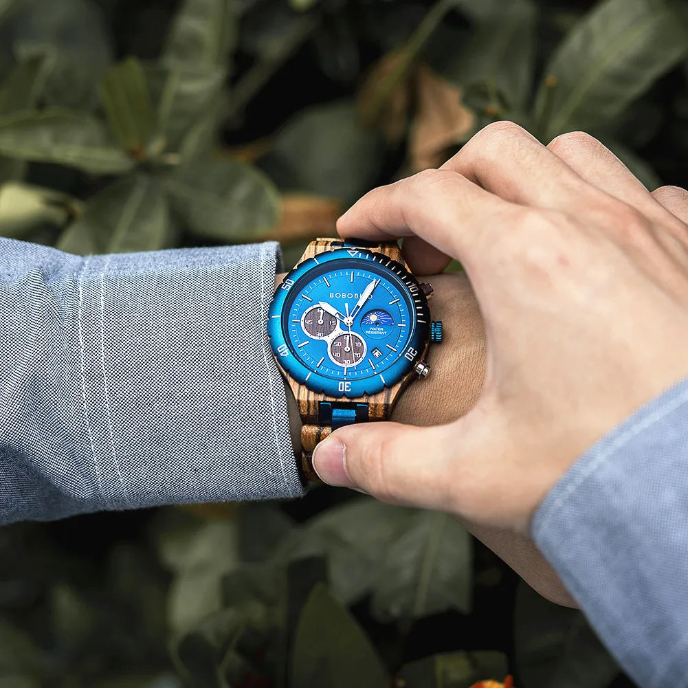 Relógio Masculino BOBO BIRD – Madeira & Aço, Cronógrafo com Data Automática + Caixa Presente