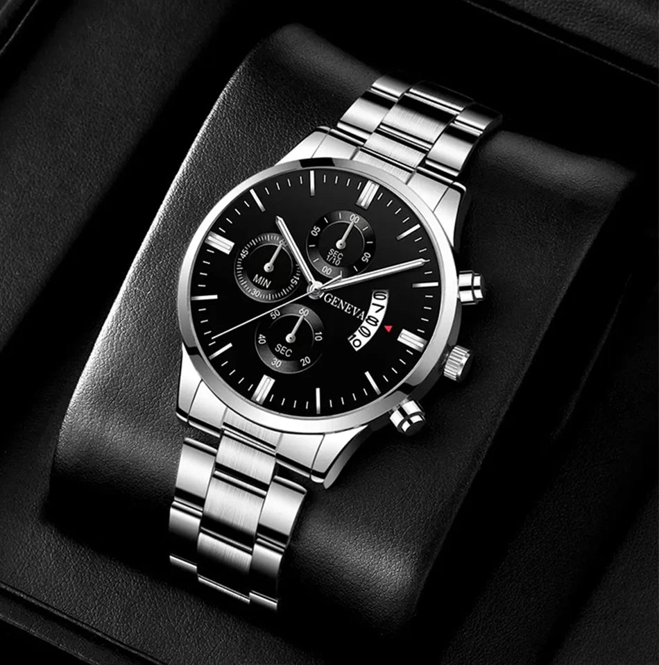 Conjunto Masculino 3 Peças – Relógio de Aço Inoxidável + Pulseira + Colar (Estilo Luxo Casual)