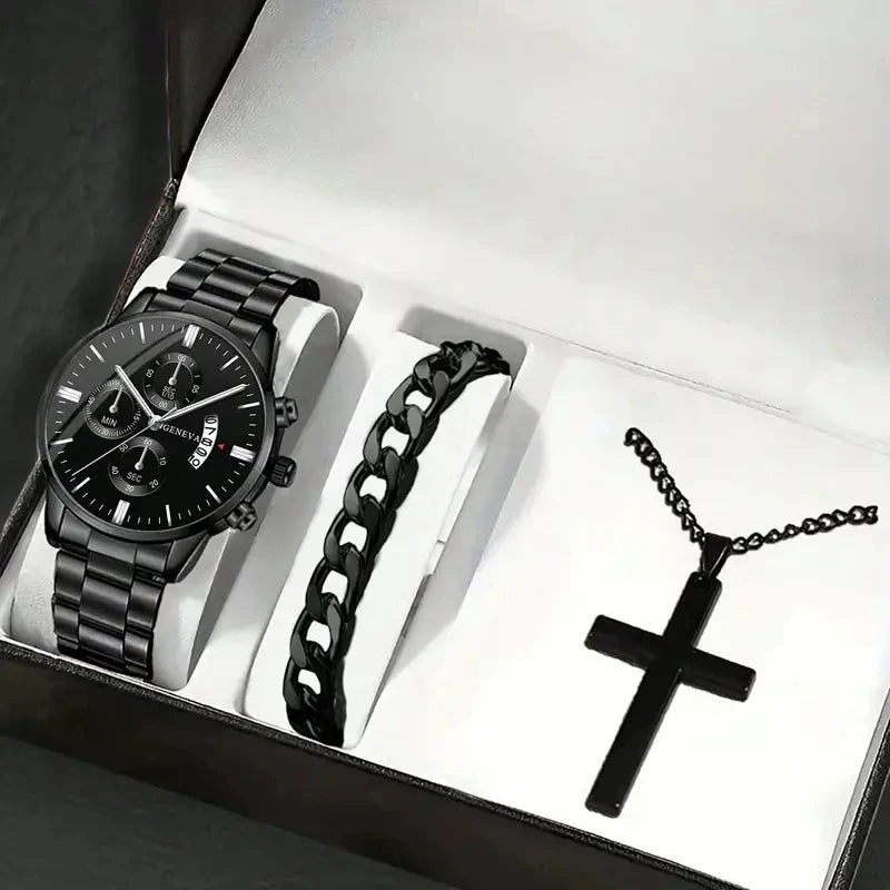 Conjunto Masculino 3 Peças – Relógio de Aço Inoxidável + Pulseira + Colar (Estilo Luxo Casual)