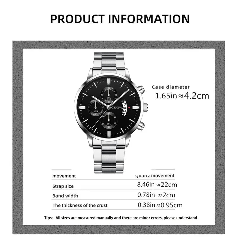 Conjunto Masculino 3 Peças – Relógio de Aço Inoxidável + Pulseira + Colar (Estilo Luxo Casual)