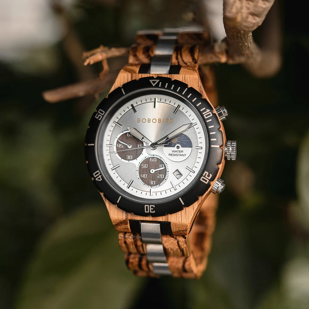 Relógio Masculino BOBO BIRD – Madeira & Aço, Cronógrafo com Data Automática + Caixa Presente