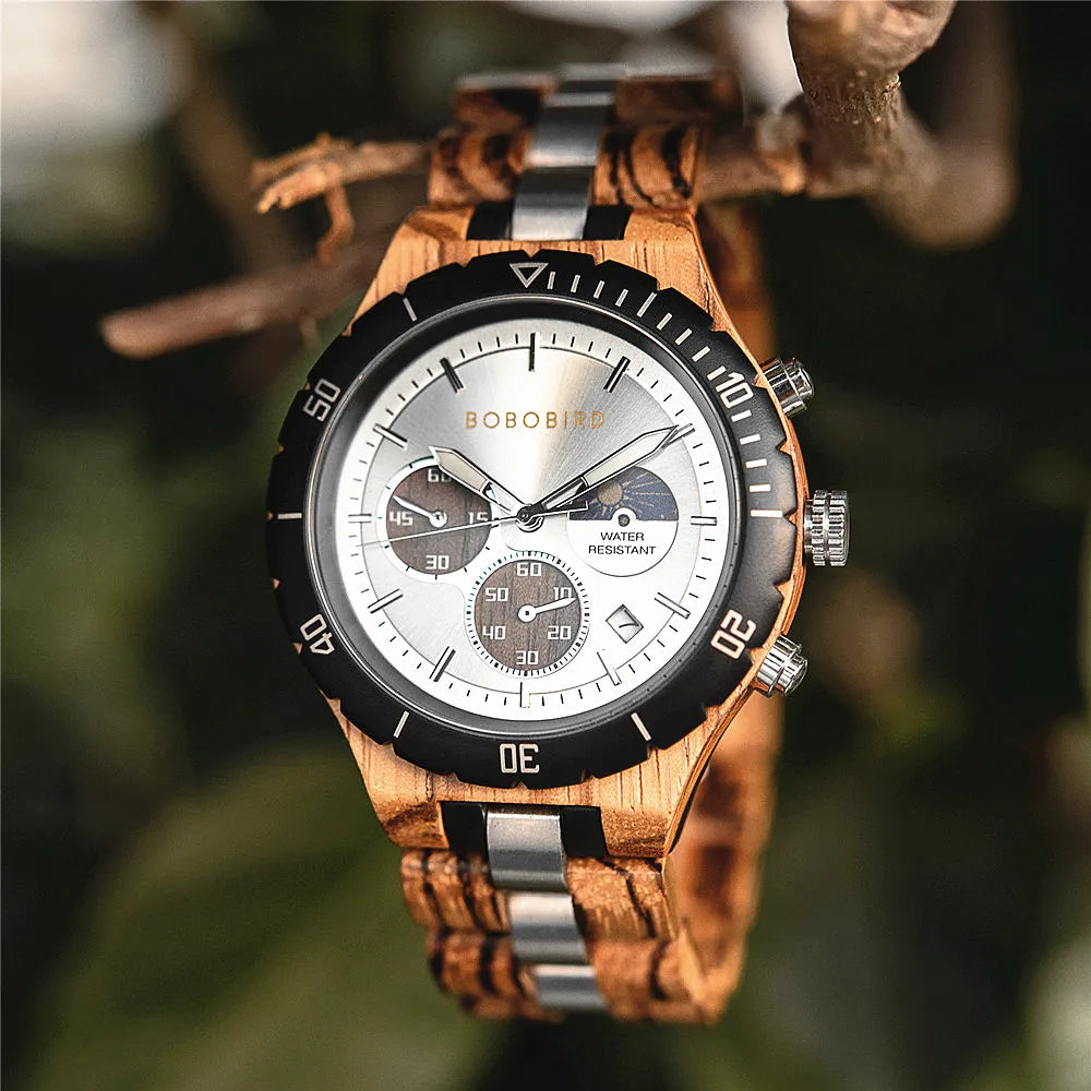 Relógio Masculino BOBO BIRD – Madeira & Aço, Cronógrafo com Data Automática + Caixa Presente