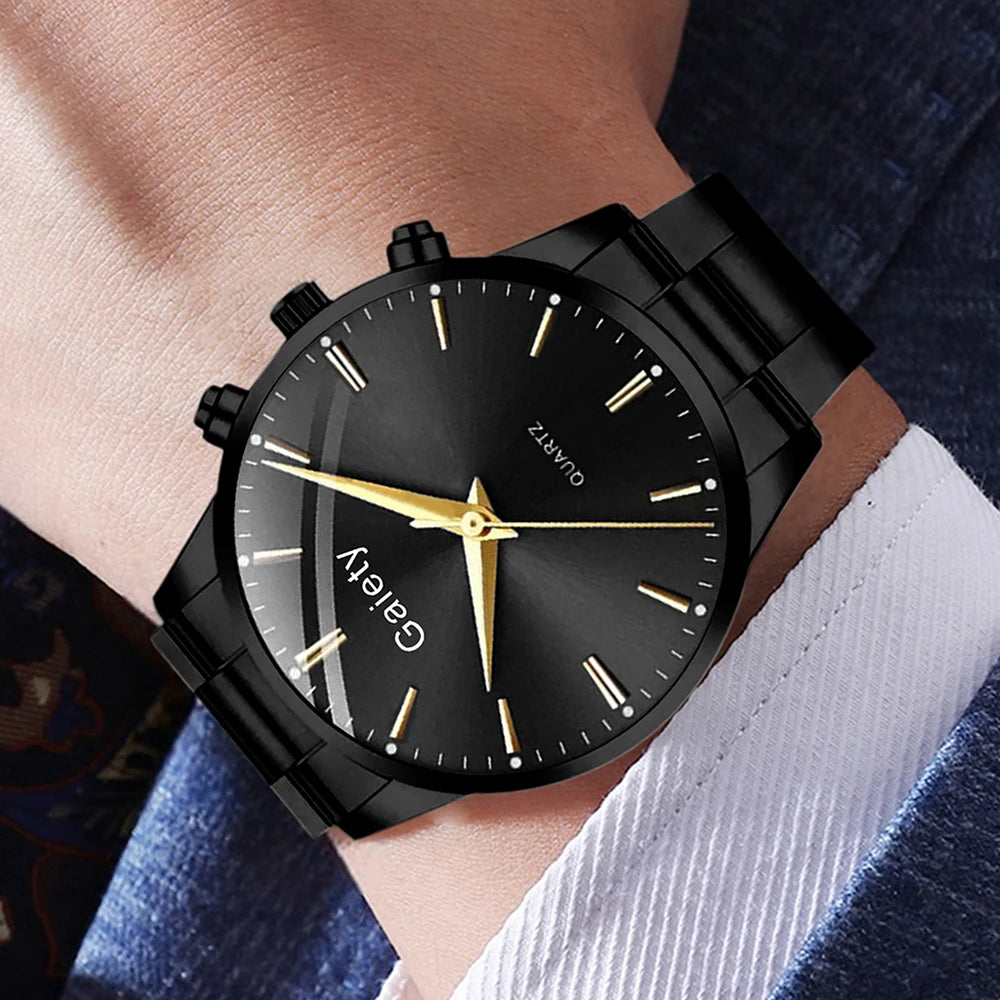 Conjunto Masculino Minimalista 4 Peças – Relógio de Quartzo Preto + Pulseira + Colar + Anel (Estilo Negócios)