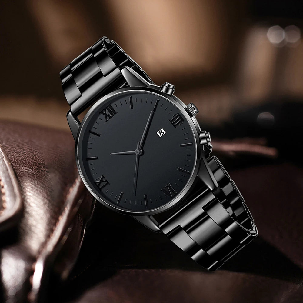 Conjunto Masculino 4 Peças – Relógio de Quartzo + Pulseira + Colar + Anel