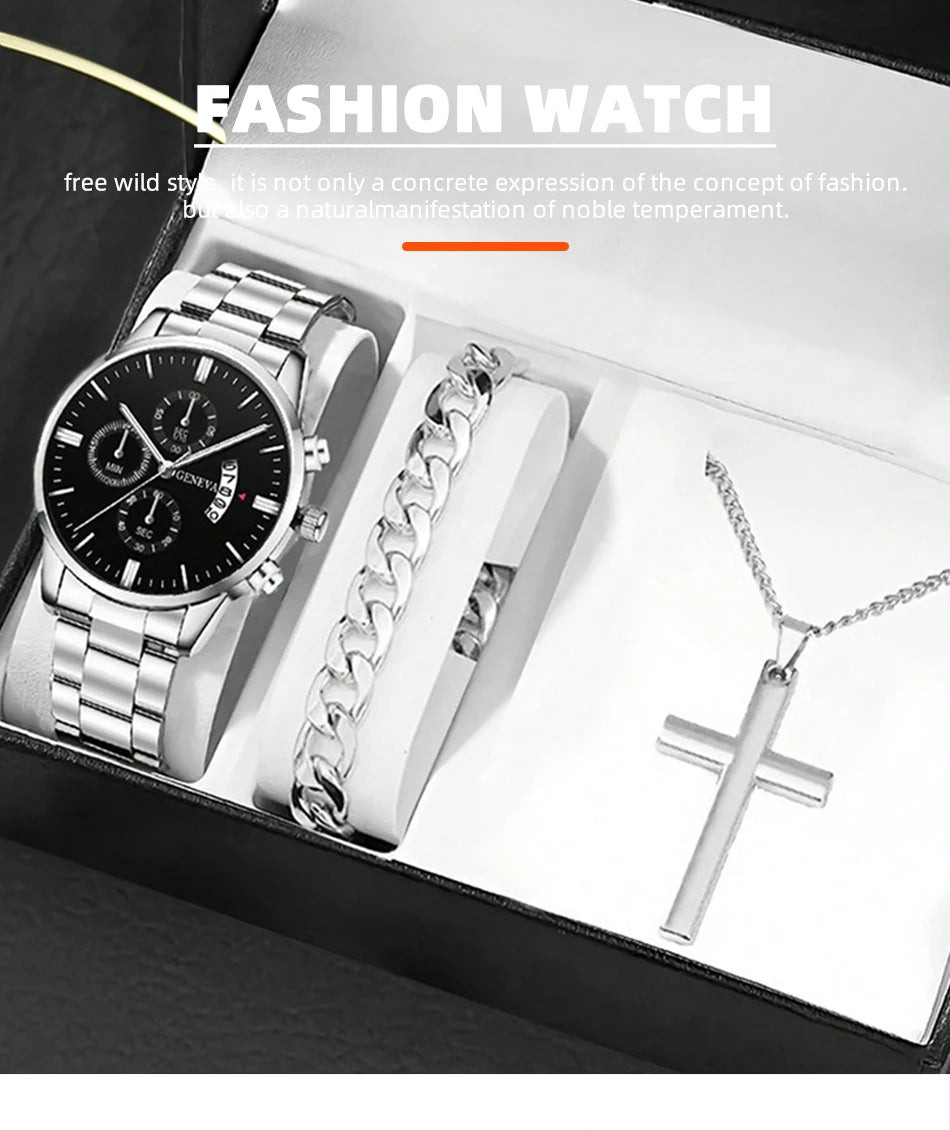Conjunto Masculino 3 Peças – Relógio de Aço Inoxidável + Pulseira + Colar (Estilo Luxo Casual)