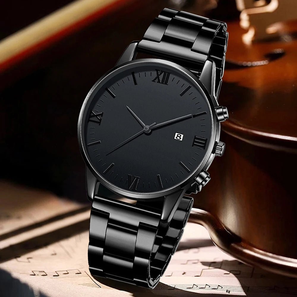 Conjunto Masculino 4 Peças – Relógio de Quartzo + Pulseira + Colar + Anel