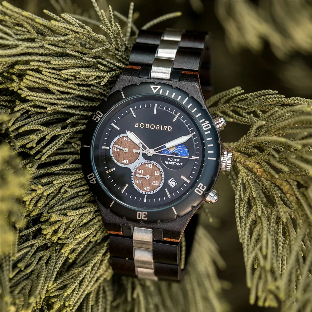 Relógio Masculino BOBO BIRD – Madeira & Aço, Cronógrafo com Data Automática + Caixa Presente
