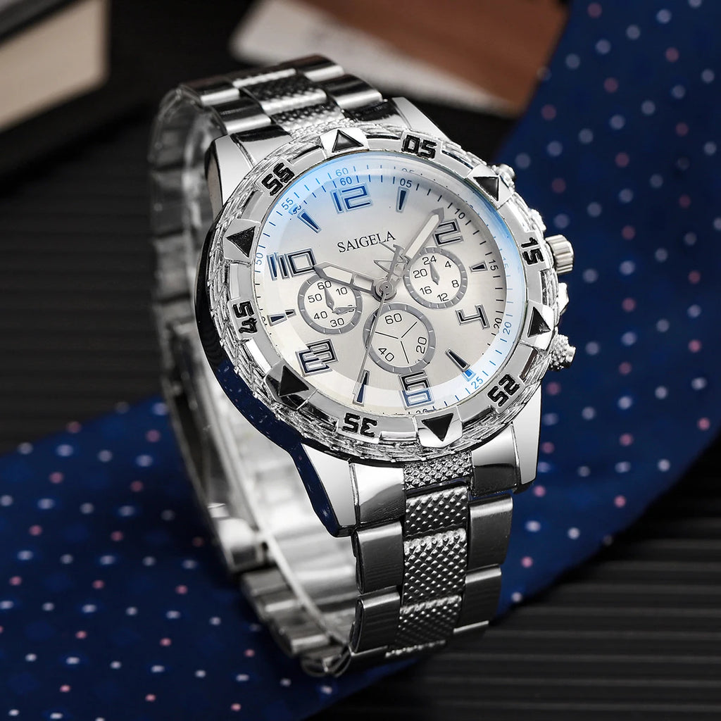 Conjunto Masculino 2 Peças – Relógio de Aço Inoxidável Estilo Negócios (Mostrador Grande)