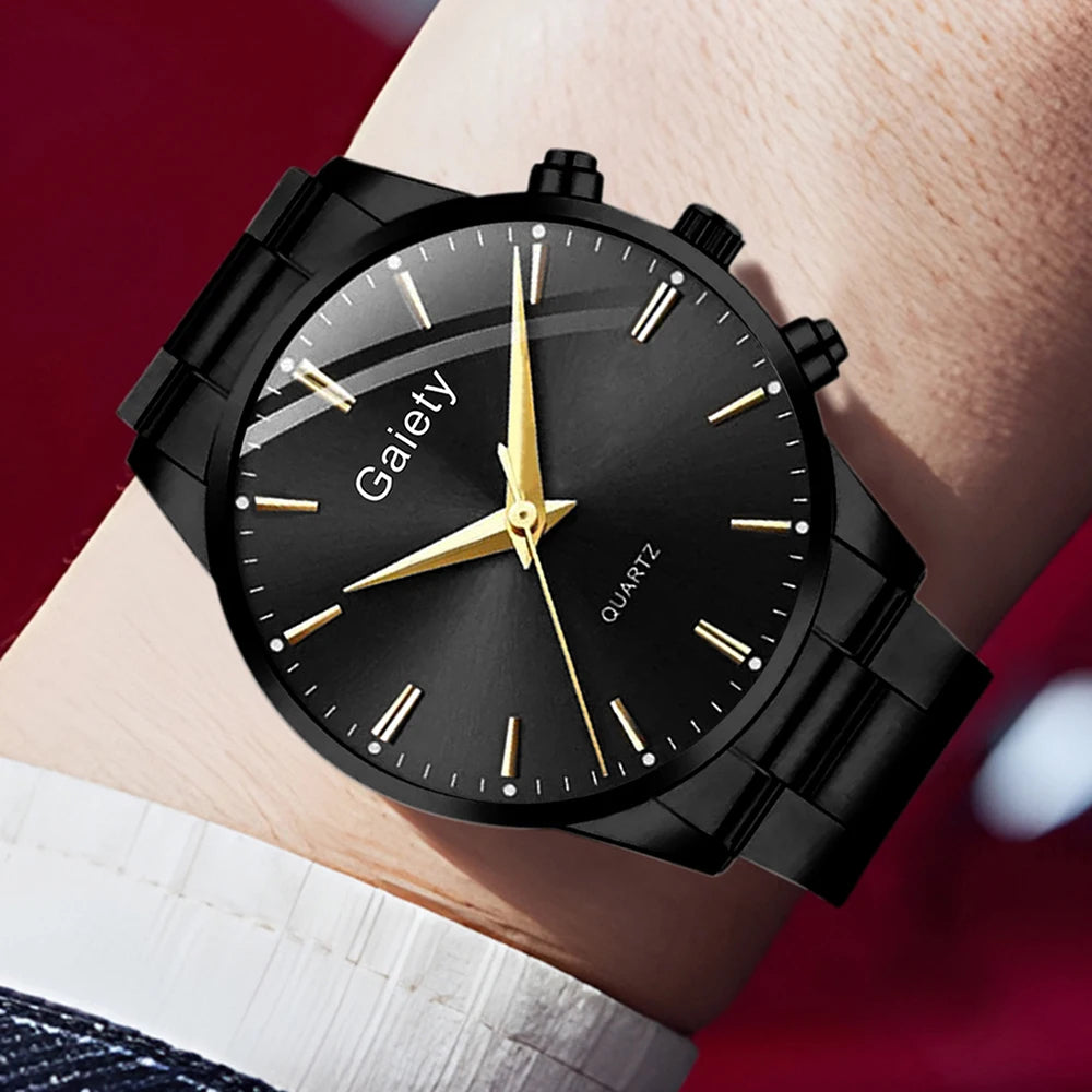 Conjunto Masculino Minimalista 4 Peças – Relógio de Quartzo Preto + Pulseira + Colar + Anel (Estilo Negócios)