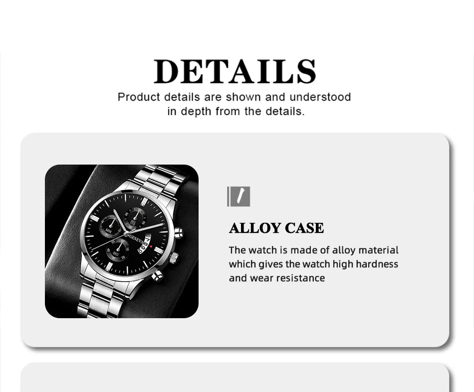 Conjunto Masculino 3 Peças – Relógio de Aço Inoxidável + Pulseira + Colar (Estilo Luxo Casual)