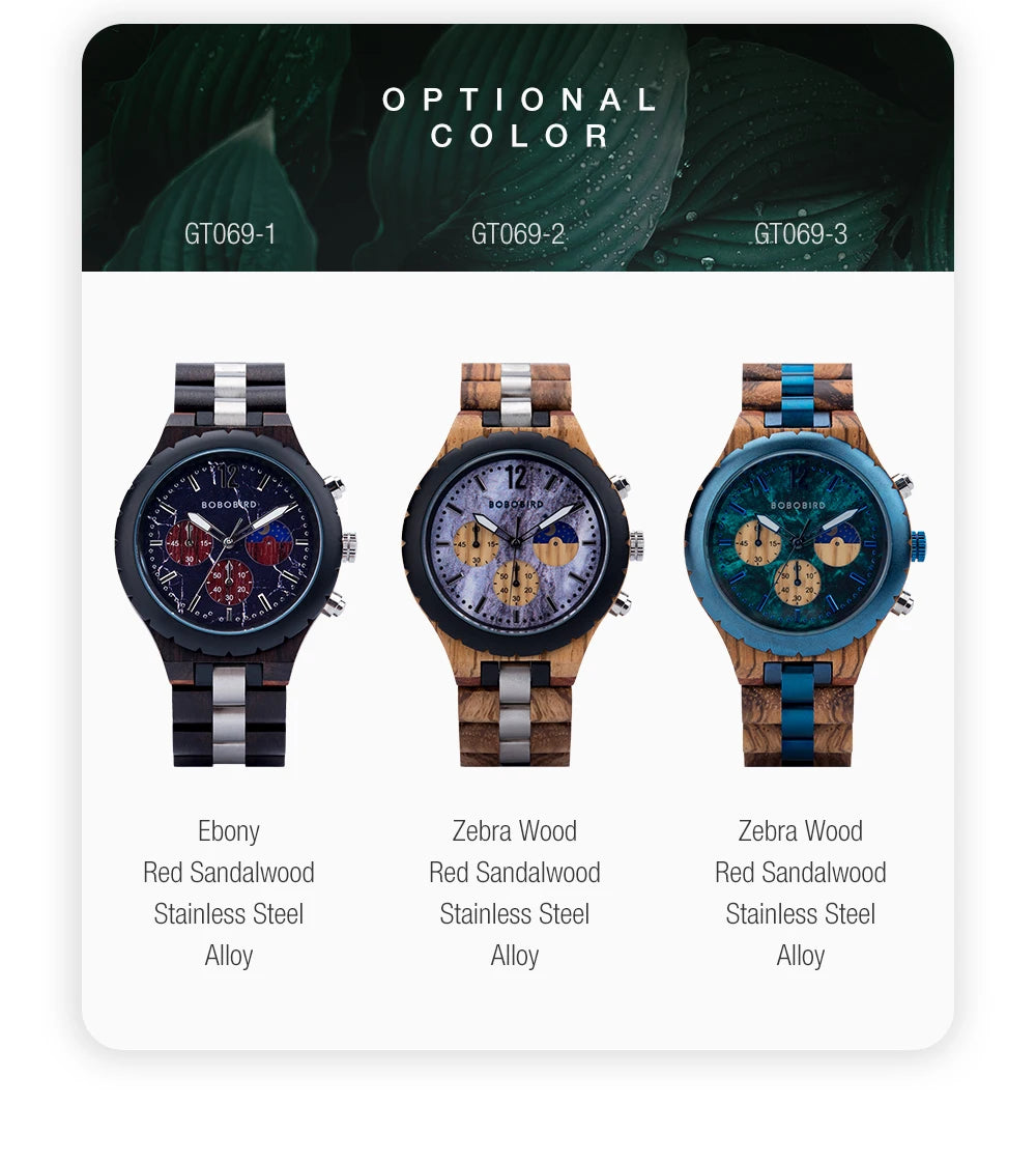 BOBO BIRD Relógio Masculino de Madeira – Cronógrafo T06