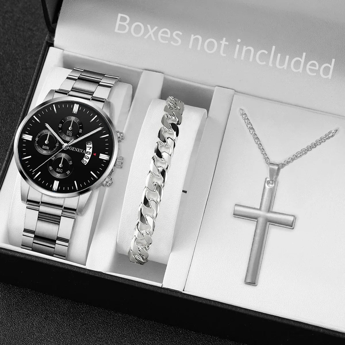 Kit Masculino Clássico – Relógio + Pulseira + Colar (Presente Perfeito)