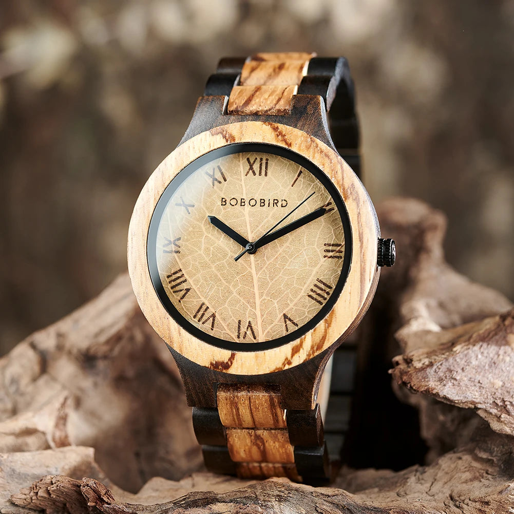 Relógio Masculino de Madeira BOBO BIRD – Mostrador em Folha Natural, Edição Artesanal