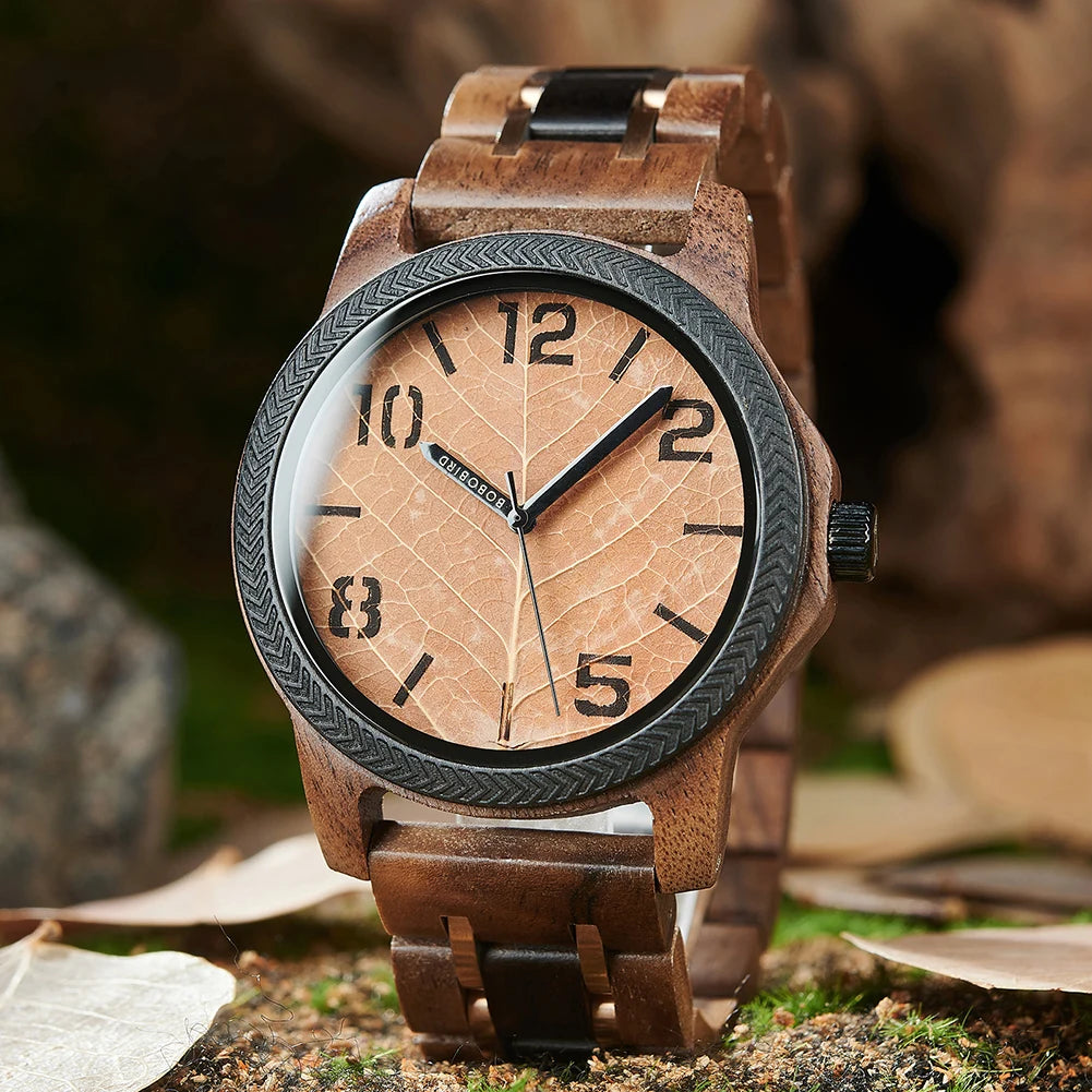 Relógio Masculino de Madeira BOBO BIRD – Mostrador em Folha Natural, Edição Artesanal