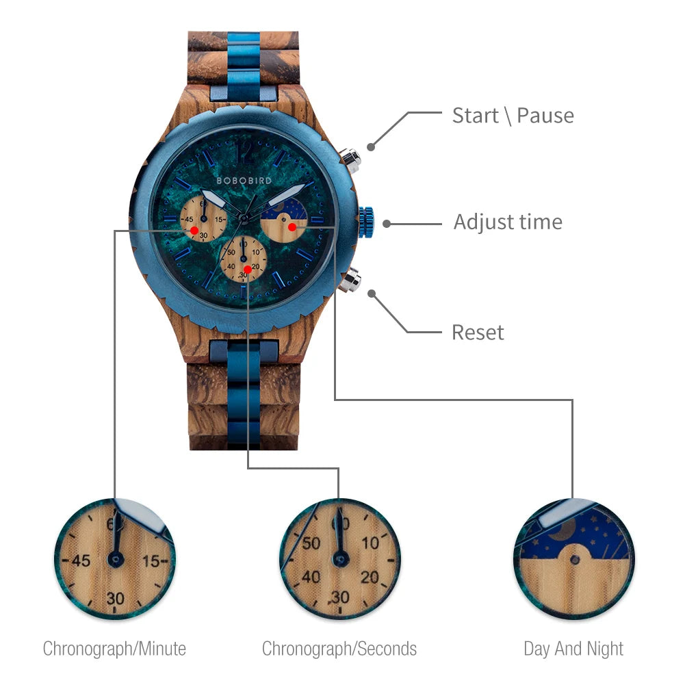 BOBO BIRD Relógio Masculino de Madeira – Cronógrafo T06
