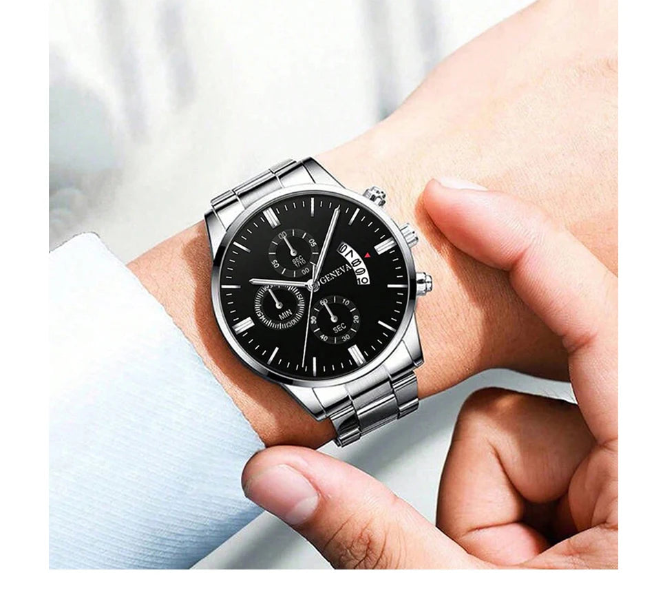 Conjunto Masculino 3 Peças – Relógio de Aço Inoxidável + Pulseira + Colar (Estilo Luxo Casual)