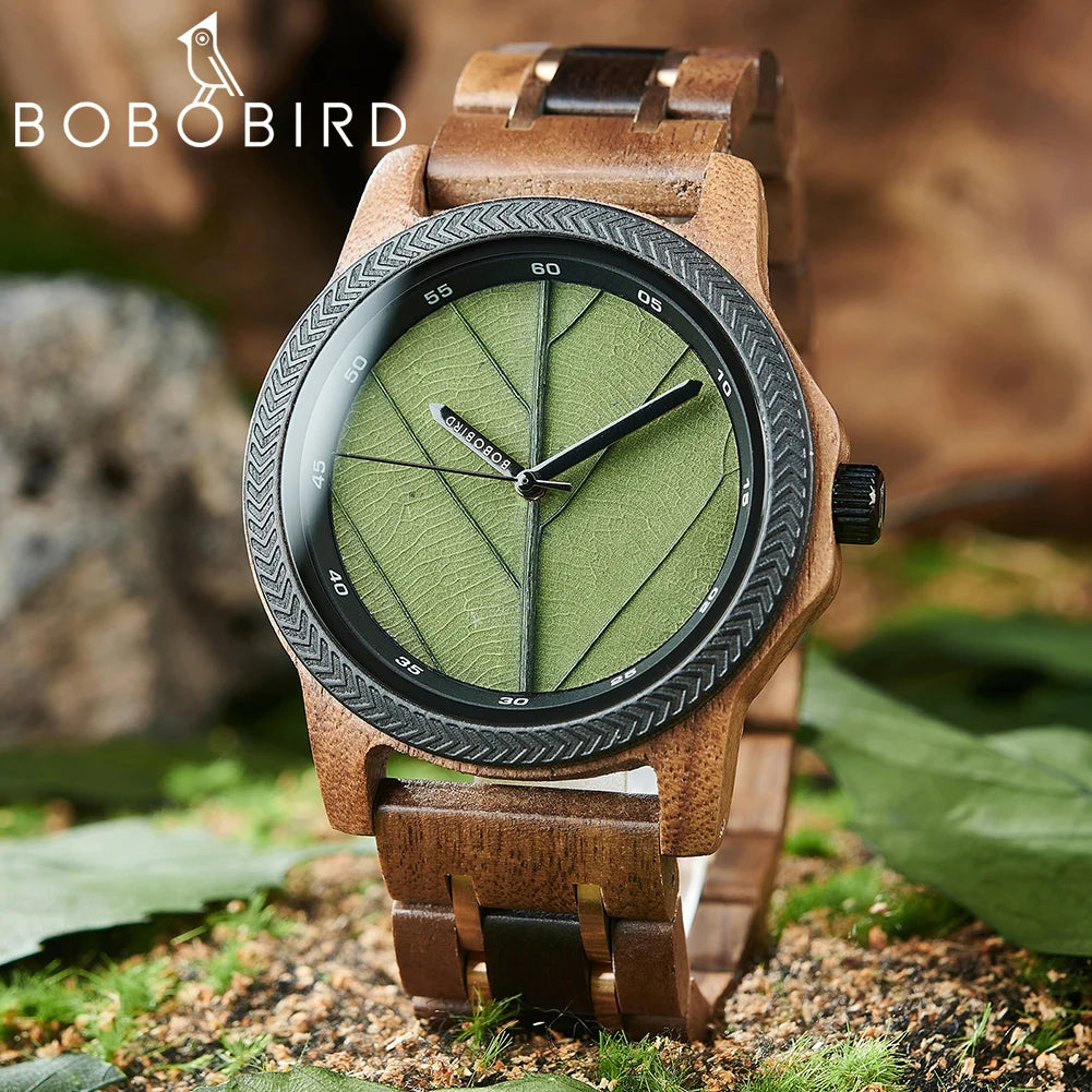 Relógio Masculino de Madeira BOBO BIRD – Mostrador em Folha Natural, Edição Artesanal