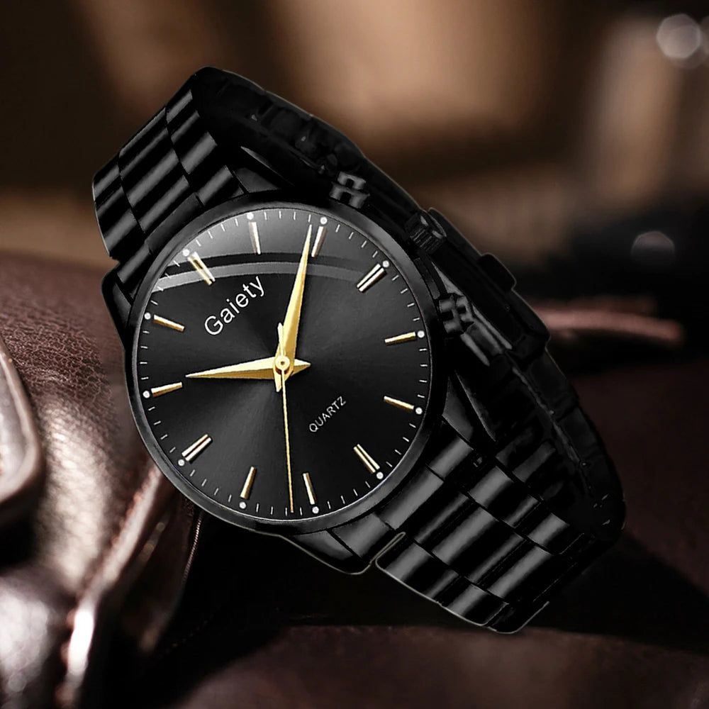 Conjunto Masculino Minimalista 4 Peças – Relógio de Quartzo Preto + Pulseira + Colar + Anel (Estilo Negócios)