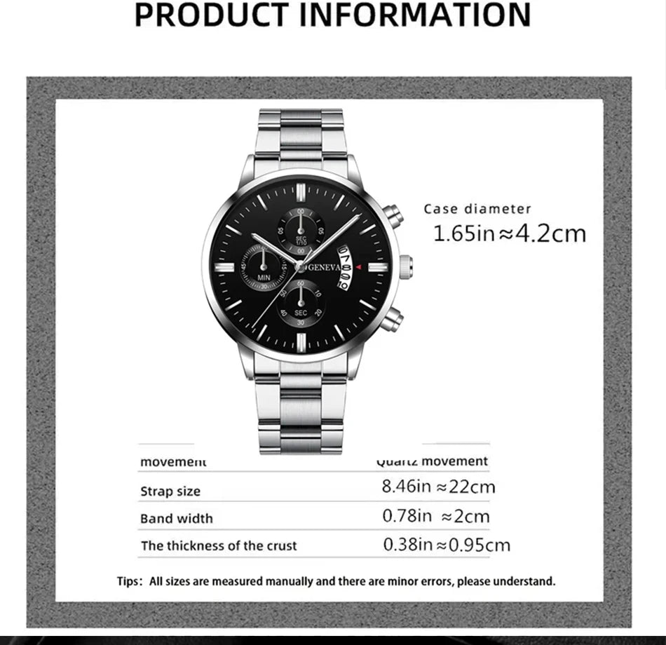 Conjunto Masculino 3 Peças – Relógio de Aço Inoxidável + Pulseira + Colar (Estilo Luxo Casual)