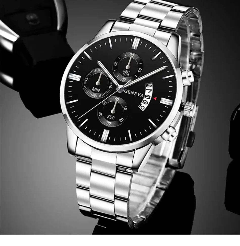 Conjunto Masculino 3 Peças – Relógio de Aço Inoxidável + Pulseira + Colar (Estilo Luxo Casual)