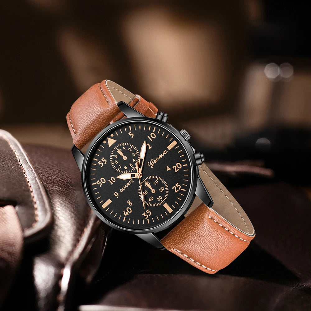 Conjunto Masculino 3 Peças – Relógio Clássico de Quartzo + Pulseira + Colar (Estilo Negócios Retro)