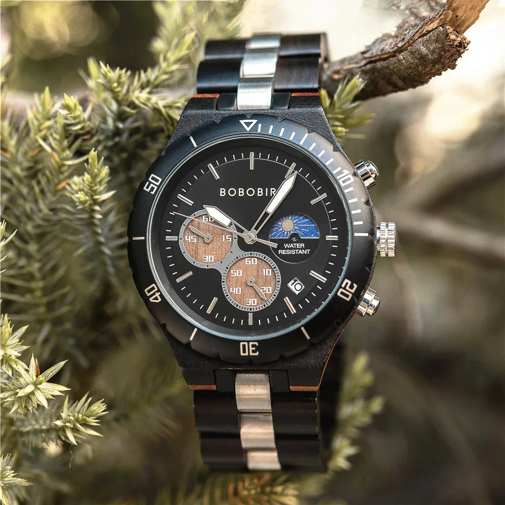 Relógio Masculino BOBO BIRD – Madeira & Aço, Cronógrafo com Data Automática + Caixa Presente