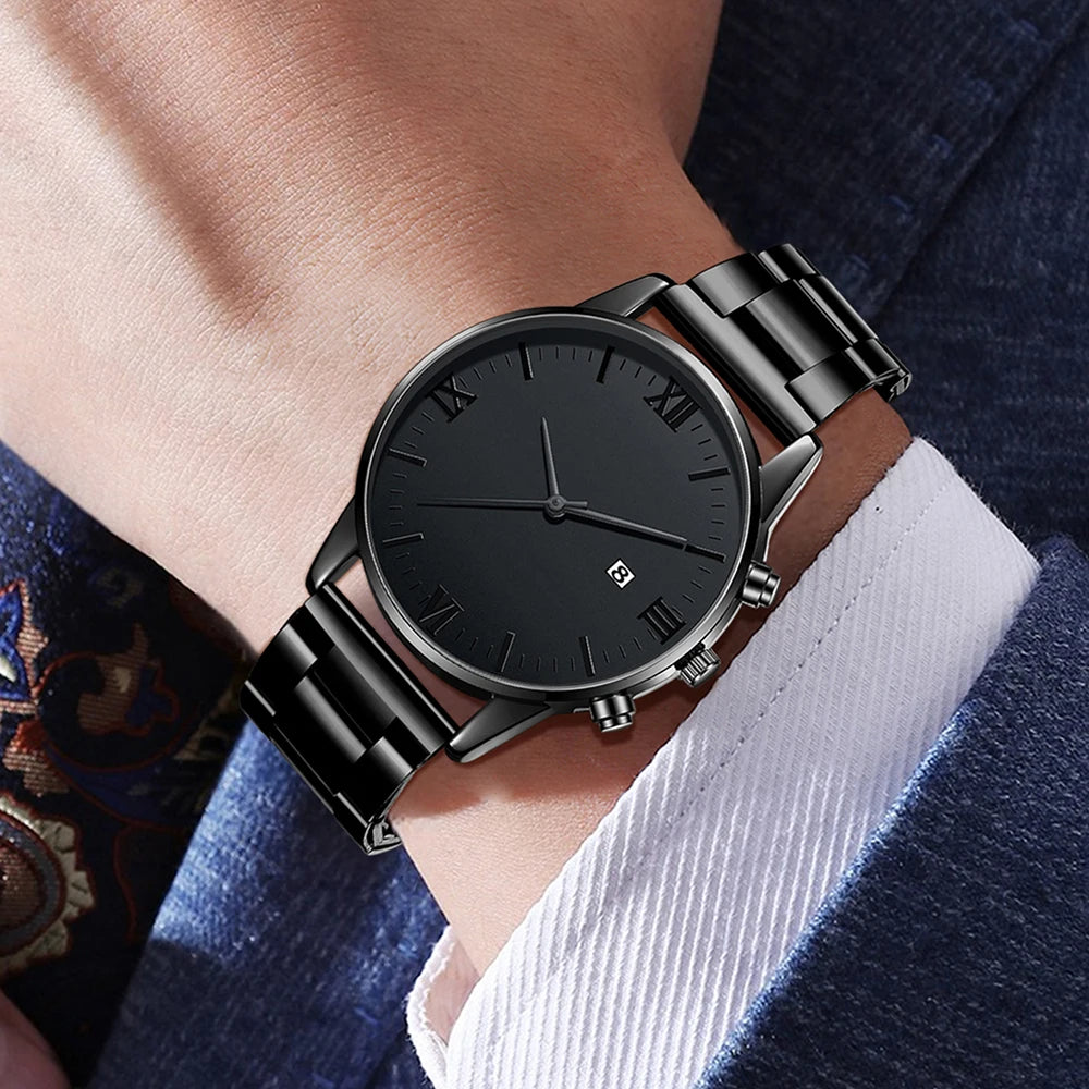 Conjunto Masculino 4 Peças – Relógio de Quartzo + Pulseira + Colar + Anel