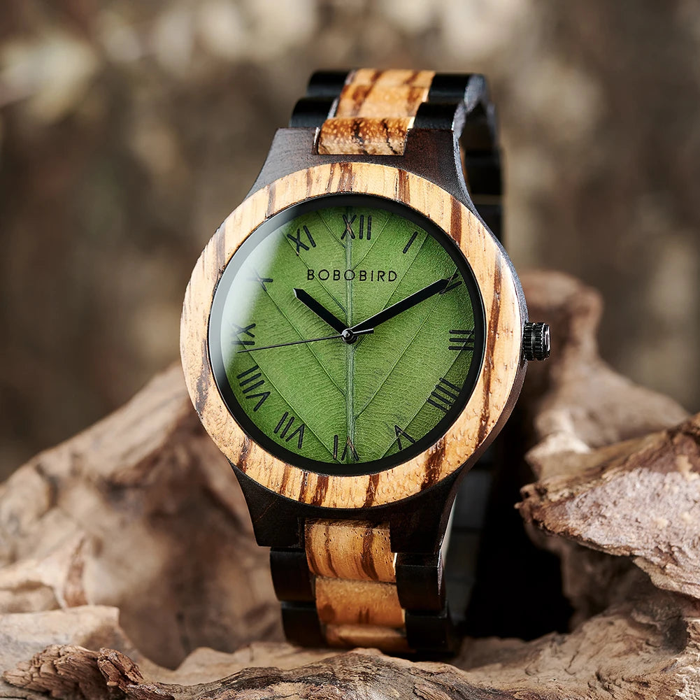 Relógio Masculino de Madeira BOBO BIRD – Mostrador em Folha Natural, Edição Artesanal