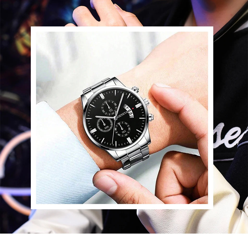 Conjunto Masculino 3 Peças – Relógio de Aço Inoxidável + Pulseira + Colar (Estilo Luxo Casual)