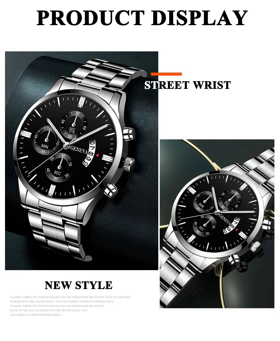 Conjunto Masculino 3 Peças – Relógio de Aço Inoxidável + Pulseira + Colar (Estilo Luxo Casual)