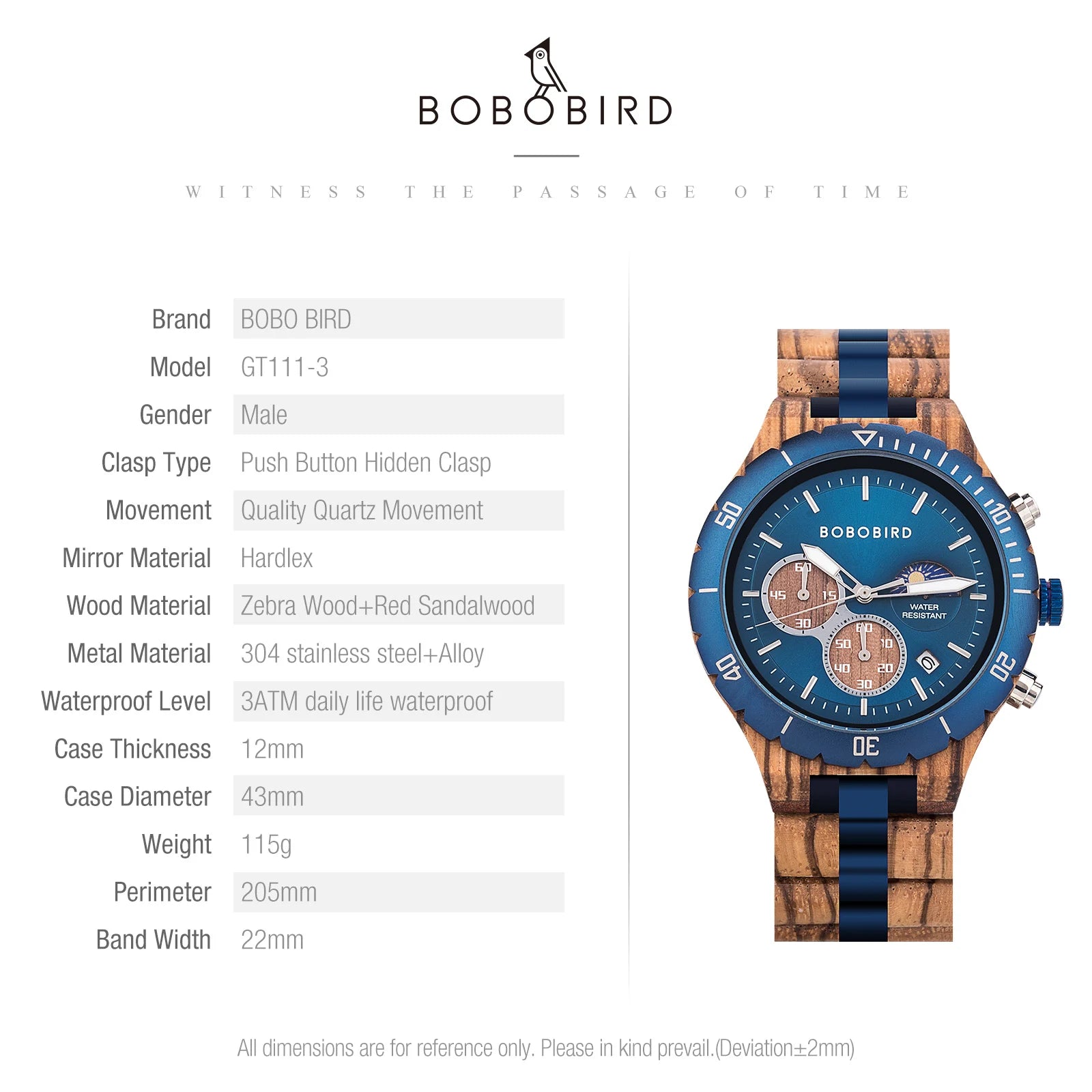 Relógio Masculino BOBO BIRD – Madeira & Aço, Cronógrafo com Data Automática + Caixa Presente