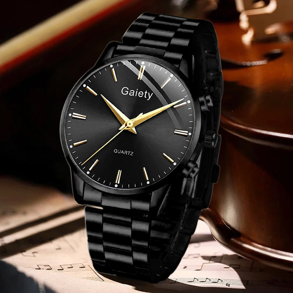 Conjunto Masculino Minimalista 4 Peças – Relógio de Quartzo Preto + Pulseira + Colar + Anel (Estilo Negócios)