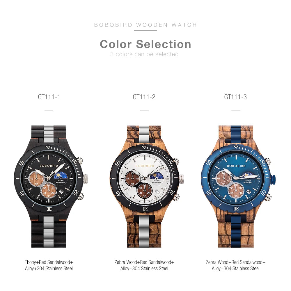 BOBO BIRD Relógio Masculino de Madeira – Cronógrafo T06